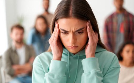 Девушка держит руки у висков